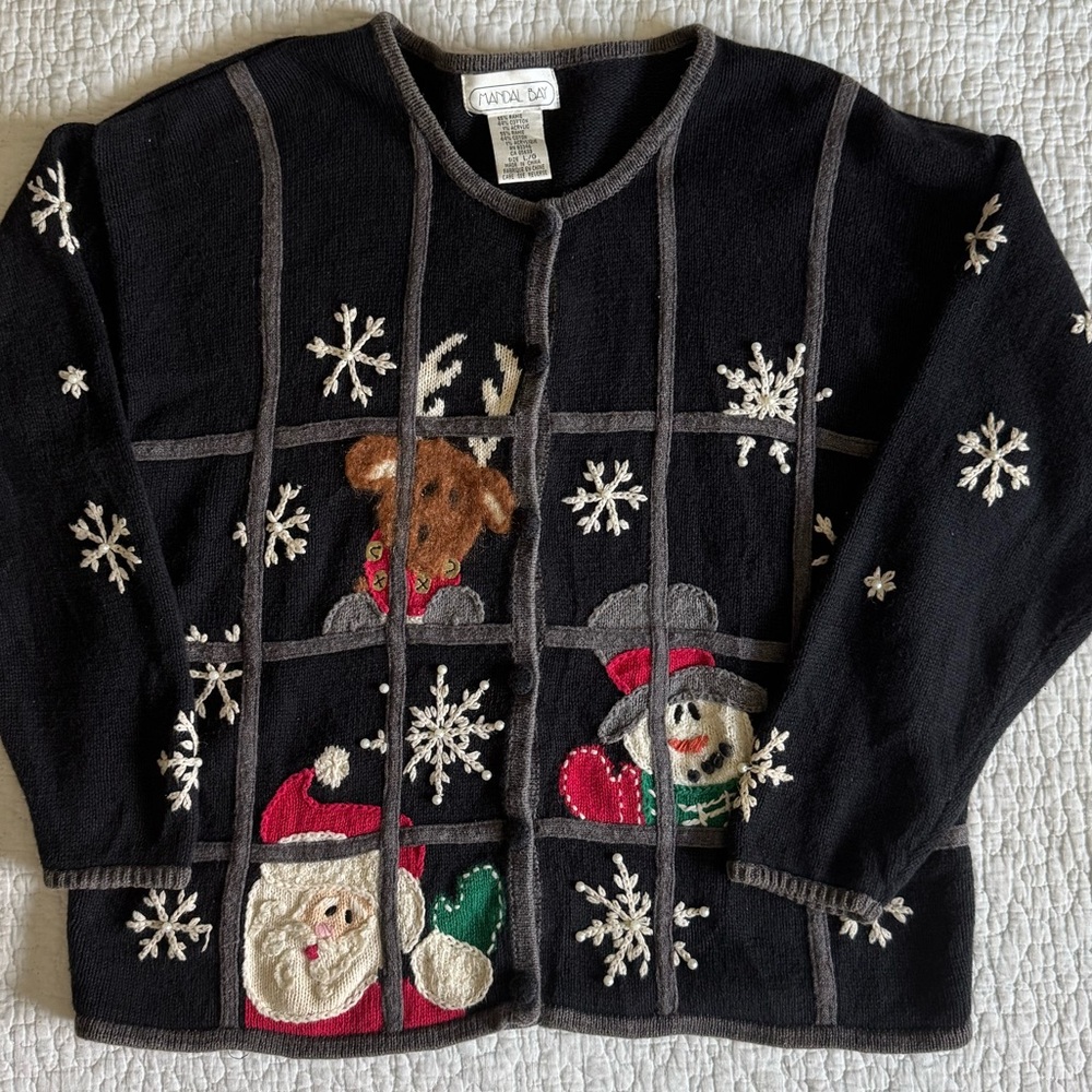 Vintage Grandma Holiday Cardigan Sweater with Festive Embroidery Size L